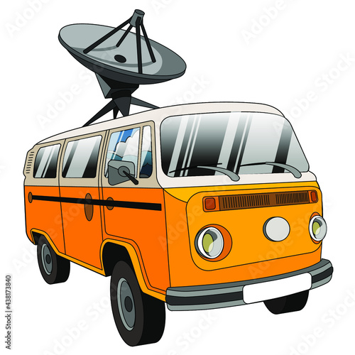 Climatic vehicle. Yellow minibus with locator on the roof. The sky and clouds reflected in the window panes. 