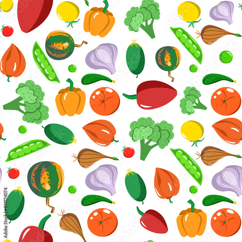 Seamless pattern with vegetables in a cartoon style. Vector texture. Flat icons pepper  pumpkin  peas  garlic  and tomato. Vegetarian healthy food. Vegan  Farm  Organic  Natural background