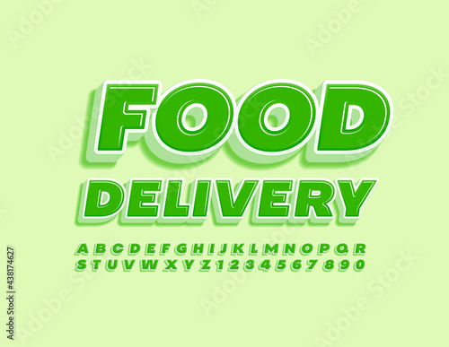 Vector modern logo Food Delivery. 3D creative Font. Set of Green Alphabet Letters and Numbers set