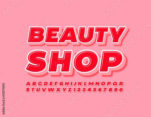Vector trendy logo Beauty Shop. Red 3D Font. Creative set of Alphabet Letters and Numbers