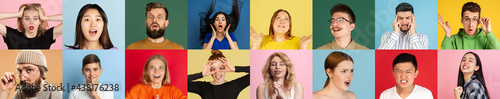 Portraits of different models on multicolored background.