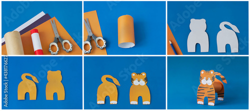 How to make a tiger at home. Craft for New Year 2022. Step-by-step instructions. Collage. Take colored paper. A simple creative idea with your own hands. Children's art project with their own hands