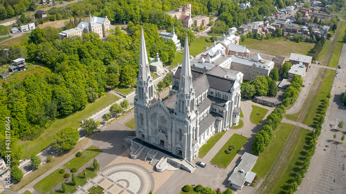 Aerial view of Sainte-Anne Basilica near Quebec City from drone