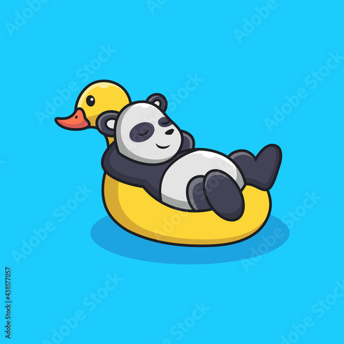 Cute Panda Relax on Duck Tires with Cute Pose. Animal Vector Icon Illustration, Isolated on Premium Vector