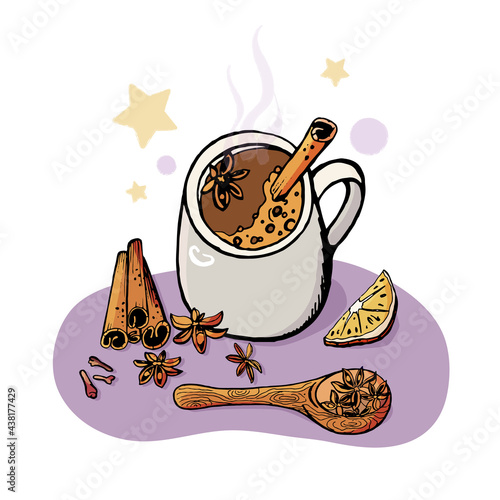 A cup of coffee with cinnamon and a wooden spoon. Vector illustration concept for blog and recipe books