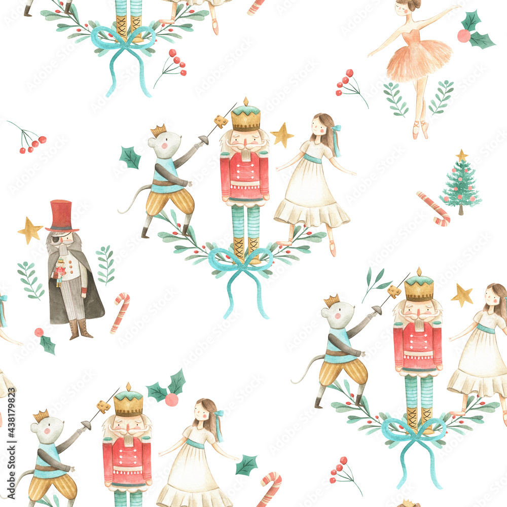 Fototapeta premium Nutcracker watercolor illustration Christmas seamless pattern 