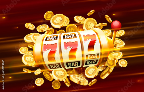 Slots 777 banner, golden coins jackpot, Casino 3d cover, slot machines and roulette with cards. Vector