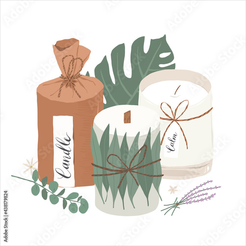 Scented candles set, hand drawn vector illustration, soy candles decorated with monstera and eucalyptus leaves, handmade soy candles, home aromatherapy