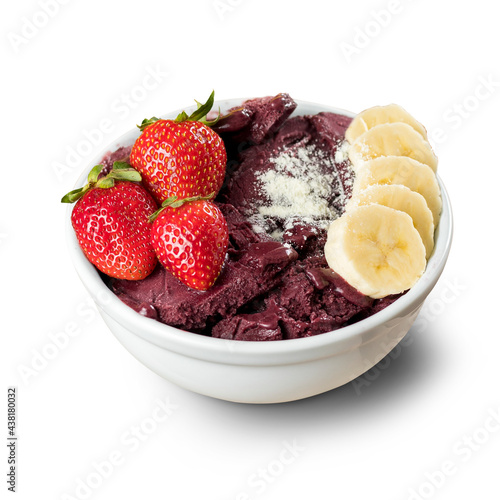 Brazilian Frozen Açai Berry with Strawberries, Bananas and powdered milk on a white round pot. Isolated on White background.