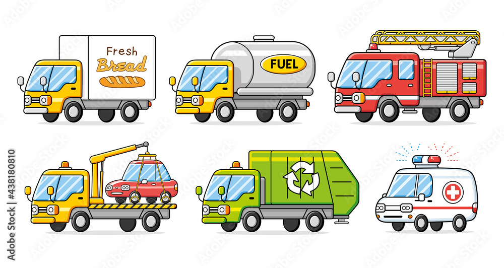 Bakery delivery van truck, fuel tanker, fire engine, tow, garbage dustcart and emergency ambulance car isolated. Service transport cartoon icons vector set. Bakery delivery van truck, fuel tanker, fire engine, tow, garbage dustcart and emergency ambulance car isolated. Service transport cartoon icons vector set.