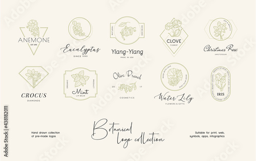 Hand drawn line art floral vector logo design collection. Botanical illustrations of elegant signs and badges for beauty, cosmetics, spa and wellness, fashion, wedding agency.
