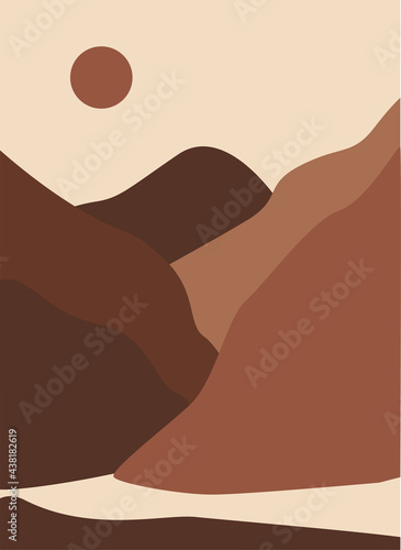 Abstract landscape poster. Aesthetic background landscape with mountains. Earth tones and terracotta colors. Modern minimalist art print. Boho wall decor.