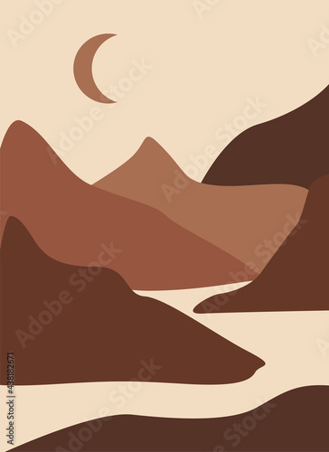 Abstract landscape poster. Aesthetic background landscape with mountains. Earth tones and terracotta colors. Modern minimalist art print. Boho wall decor.