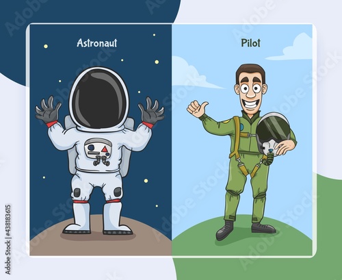 Astronaut in space suit and pilot thumbs up characters vector illustration