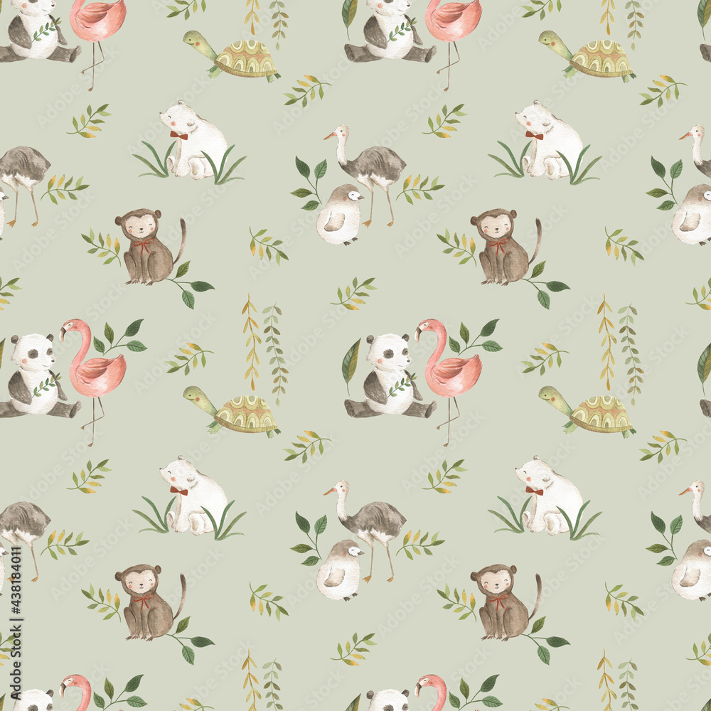 Watercolor Jungle Safari Animals Pattern Illustration Watercolor Jungle Safari Animals Pattern Illustration