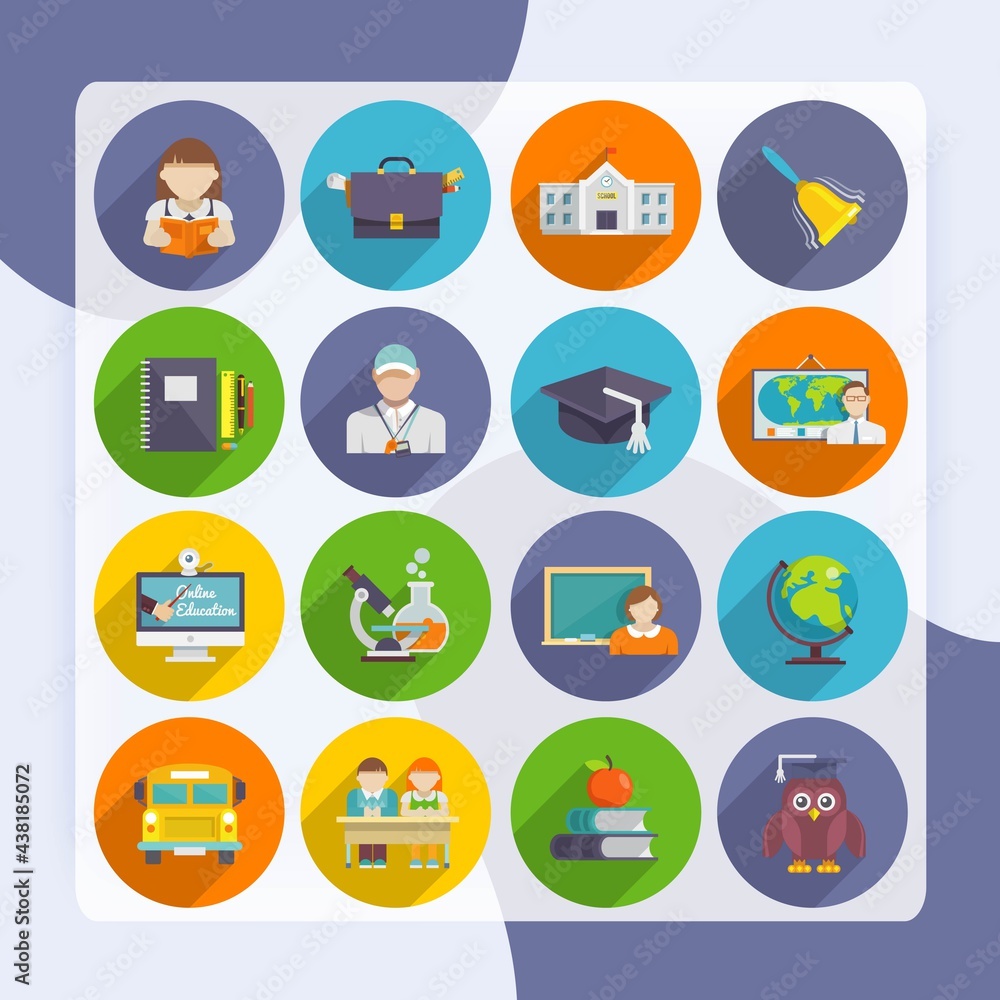 School icon flat set with blackboard laptop students isolated vector illustration School icon flat set with blackboard laptop students isolated vector illustration