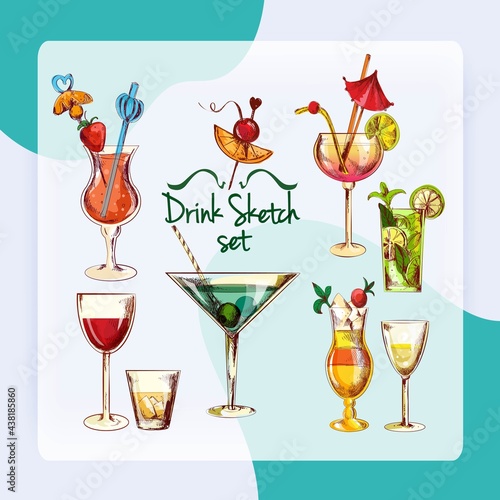 Sketch alcoholic beverages cocktail drink set isolated vector illustration