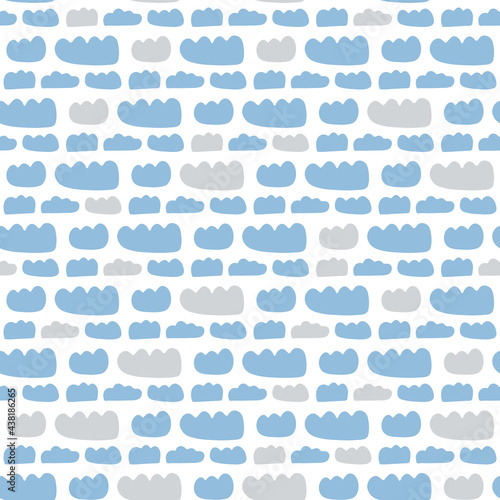 Vector seamless pattern with blue and grey clouds on white background. Hand drawn doodle illustration.