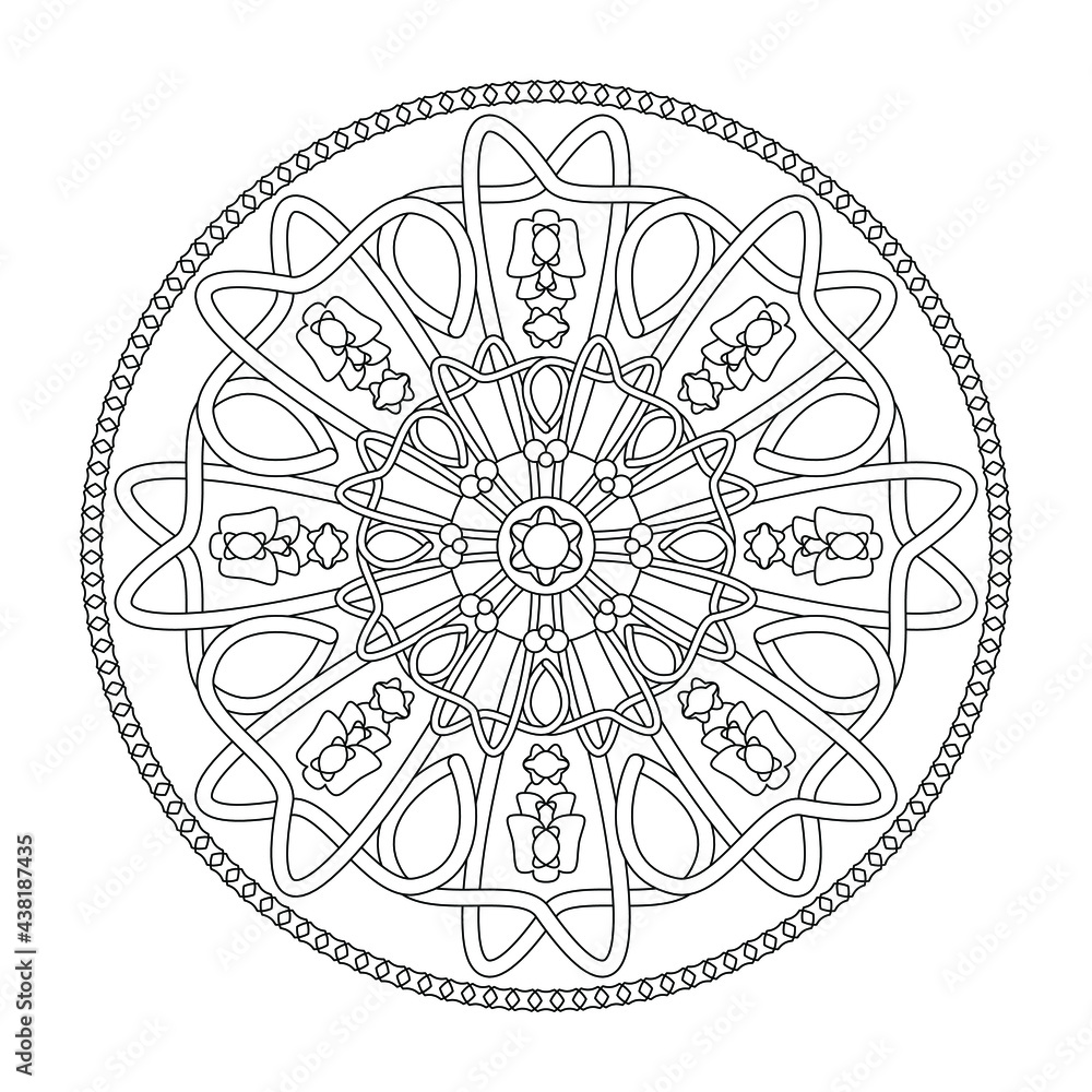 Mandala coloring page. Interlaced and Abstract. Art Therapy. Anti-stress. Vector illustration black and white