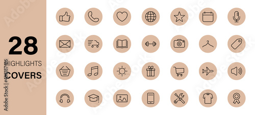 Instagram Highlights Line Icon Set. Stories Covers Icons. Highlights for Lifestyle, Travel and Beauty Bloggers, Photographers and Designers. Outline Pictogram for Social Media. Vector Illustration photo