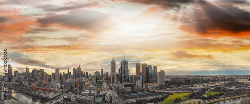 Melbourne, Australia. Sunset aerial panorama of city skyline