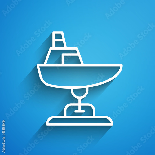 White line Swing boat on the playground icon isolated on blue background. Childrens carousel with boat. Amusement icon. Long shadow. Vector