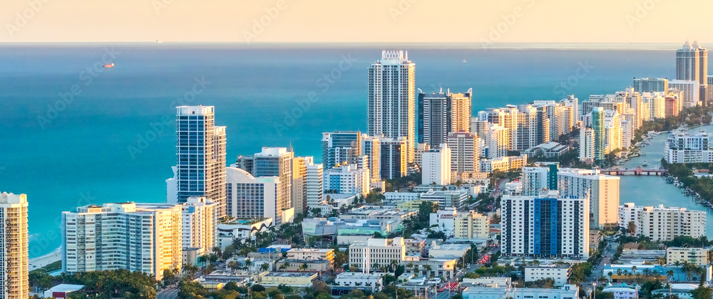 Helciopter view of Miami Beach at sunset