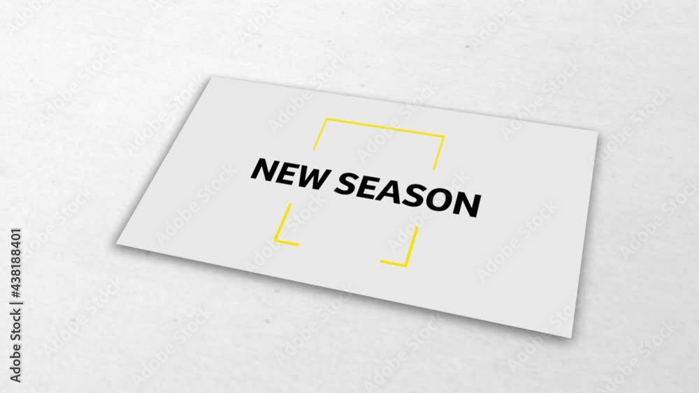 Digital animation of new season text over yellow square cross hair against grey background Digital animation of new season text over yellow square cross hair against grey background