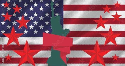 Multiple stars and red banner with copy space against statue of liberty and american flag