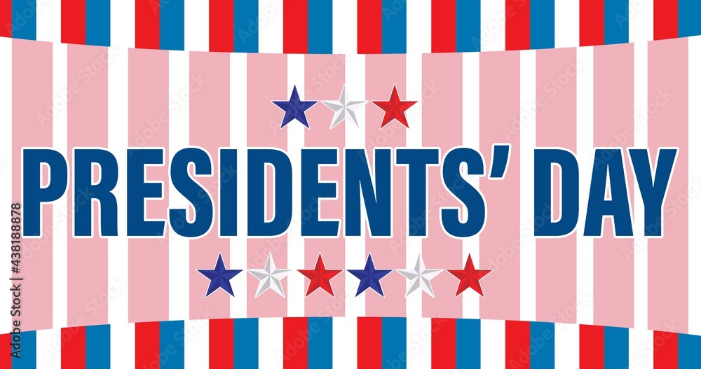 Stars and happy president day text over pink banner against blue and red stripes on white background