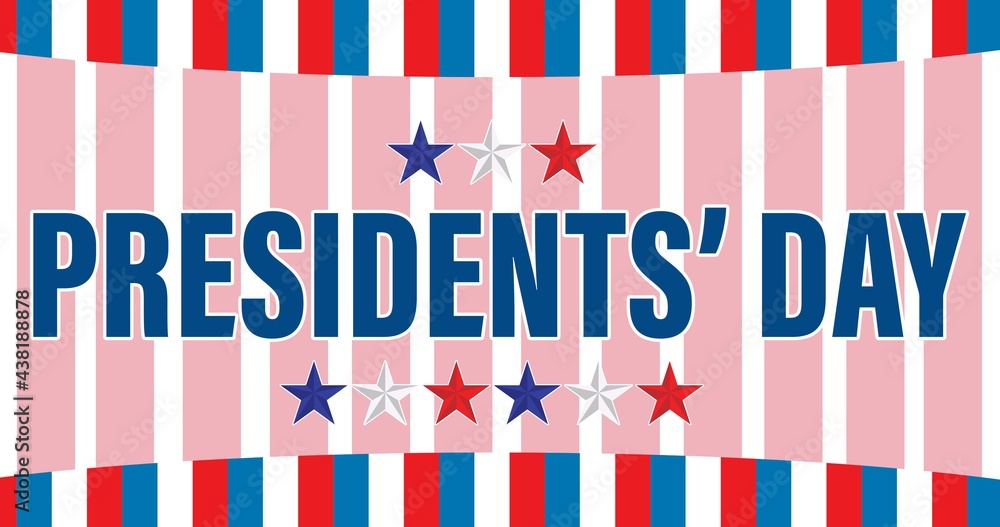 Obraz premium Stars and happy president day text over pink banner against blue and red stripes on white background