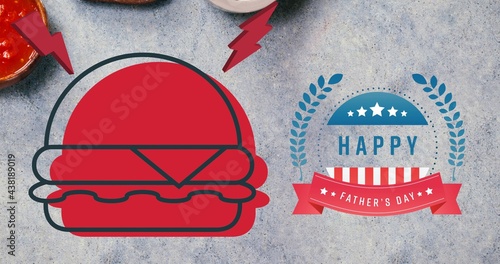 Happy independence day text and red burger icon against grey background
