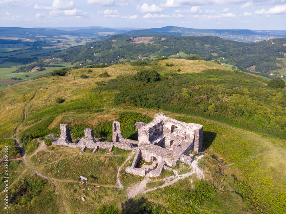 Aerial view of the castle ruins at the top of Csobanc hill in the Balaton upland near Badacsony