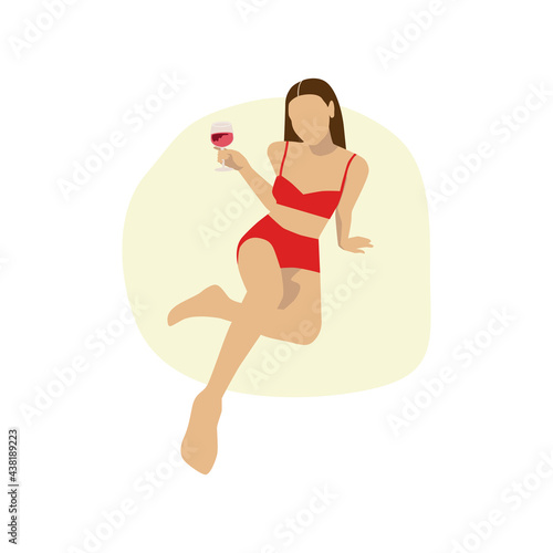 portrait of a beautiful young lady lying on a beach with glass of wine. illustration with tan girl in red bikini swimwear 