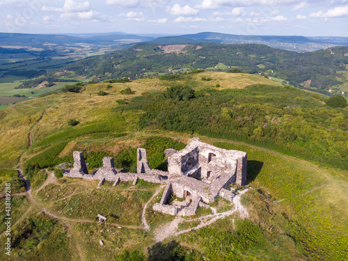 Aerial view of the castle ruins at the top of Csobanc hill in the Balaton upland near Badacsony photo