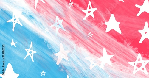 Composition of hand drawn white stars on painterly pink and blue streaked background