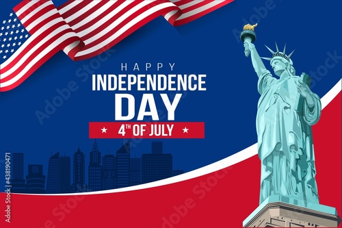 USA Happy Independence Day 4th of July. Flyer, banner, poster, greeting card. Template with flag and statue of liberty on blue background. Vector illustration design