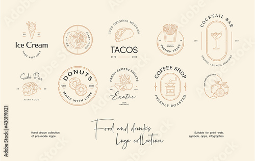 Hand drawn food pre-made logo design template collection. Graphic icon symbol for cafe, restaurant, cooking business. Modern minimal line art label, emblem, badge. Branding design template.