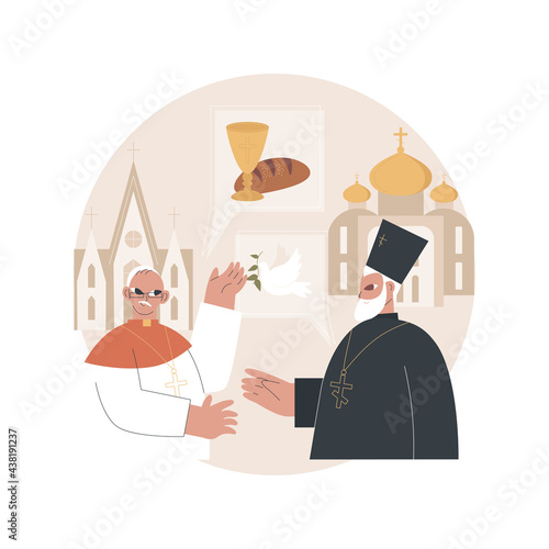 Interreligious dialogue abstract concept vector illustration. Different traditions, religious symbol, members interaction, orthodox church, handshake, christian pope, conference abstract metaphor.