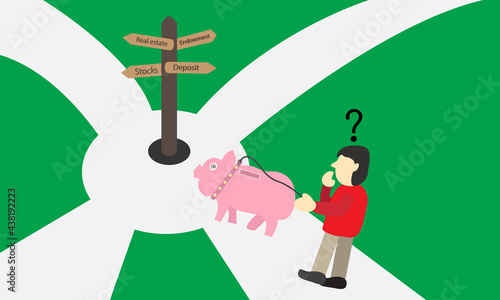 Cartoon character, businessman walks with a piggy bank on crossroad To decide on investment.Investment Route.Investment Options.Vector Illustration.