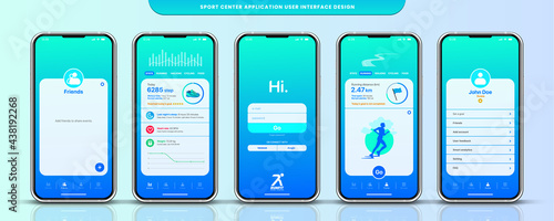 Runfit sport center mobile application UI, UX, GUI screens. Fitness app, responsive website including. Web design and mobile template. Fitness interface design for mobile application. Vector