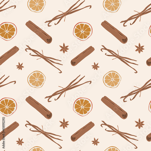 Spice pattern, cinnamon, vanilla and dried orange slice, anise stars illustration, seamless background, hand drawn vector illustration, mulled wine seasoning