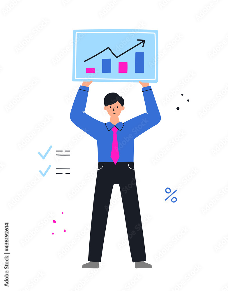 Businessman with graph. Manager showing the success. Business analysis concept. Flat style vector illustration. Businessman with graph. Manager showing the success. Business analysis concept. Flat style vector illustration.