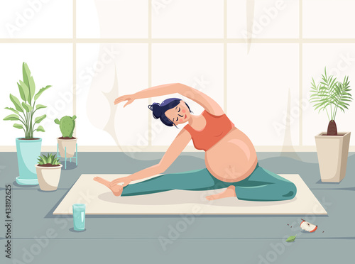 Pregnant woman goes in for sports in a room with flowers, windows and curtains. Taking care of the body and health. Waiting for a baby. Stretching during pregnancy. Vector flat illustration of people