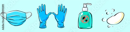 Means of protection against viruses and coronavirus. Image of mask, medical gloves, antiseptic and soap on a blue background. Elements in the style are drawn by hand.