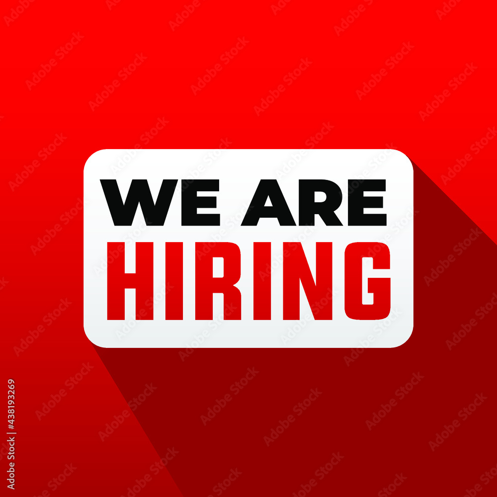 we are hiring modern, creative banner, design concept, social media template, marketing, advertising and communication concept  with white text on a red background. 