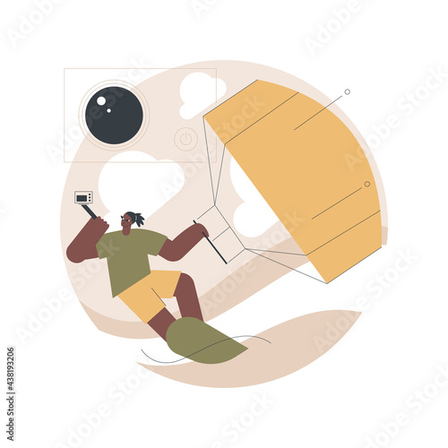 Kitesurfing abstract concept vector illustration. Kiteboarding, parachute water sport, flying adventure, wind speed, extreme fun, action camera, freestyle trick, freedom abstract metaphor.