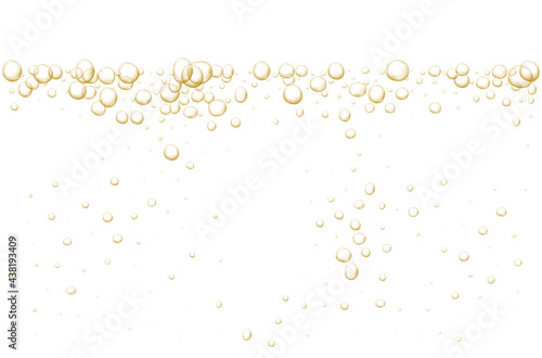 Gold fizzy bubbles. Sparkles champagne. Fizzy pop and effervescent drink. Abstract fresh soda and air bubbles, oxygen, champagne crystal. Vector illustration on black transparent background.