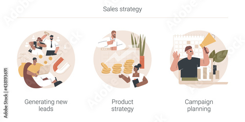 Sales strategy abstract concept vector illustration set. Generating new leads, product strategy, campaign planning, digital marketing software, sale growth, business solution abstract metaphor.