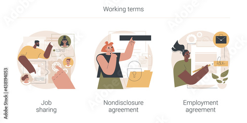 Working terms abstract concept vector illustration set. Job sharing, nondisclosure agreement, employment agreement, part time job, confidential information, financial relations abstract metaphor.